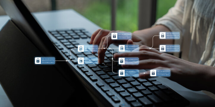 Blockchain structure showing distributed data blocks linked with encryption, representing secure transaction verification, decentralized control, and immutable record system Latch