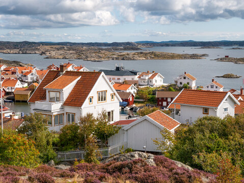 Archipelago and houses of Gullholmen seen from Lotsutkiken viewpoint on H&auml;rman&ouml; in Bohusl&auml;n, west coast Sweden