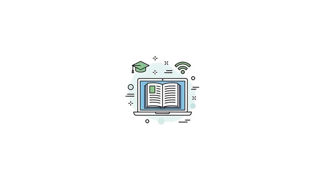 An illustration of an open book on a decorative background with various symbols and icons