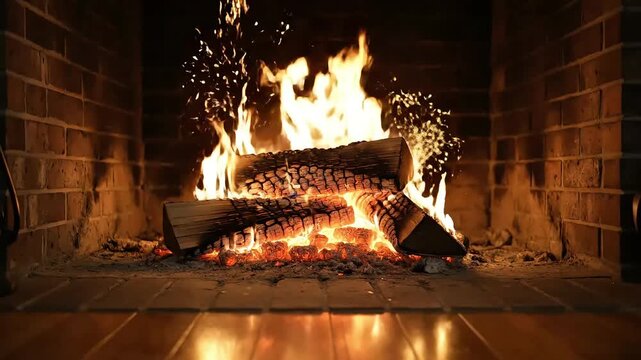 warm and cozy fireplace with burning logs on a cold winter night close up detail view natural lighting
