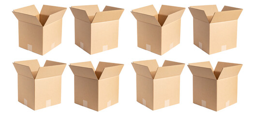 Fototapeta premium Open Cardboard Boxes Arranged in a Pattern on a White Background