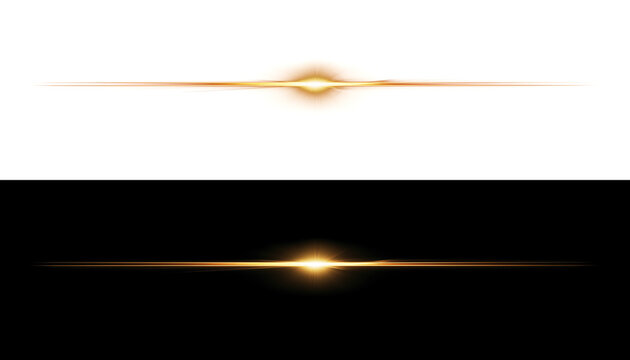Golden glittering light streak with sparkles and lens flare effect on white and black backgrounds
