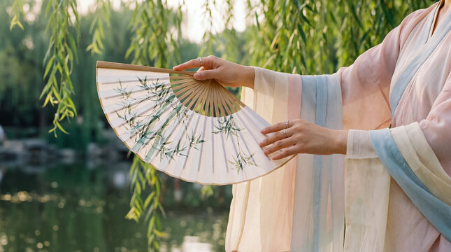 Chinese hanfu traditional dress fan holding woman garden culture elegant ancient costume painted bamboo design silk fan held gracefully by woman in traditional pink robe in tranquil garden setting