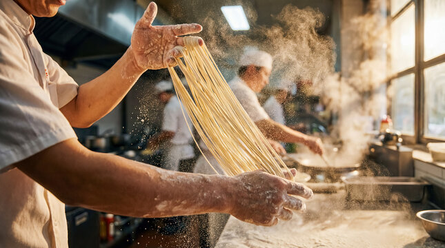 Chinese hand pulled noodles chef kitchen traditional food cooking culture lamian skilled artisan stretching fresh handmade noodle dough with flour dust filling sunlit professional restaurant kitchen