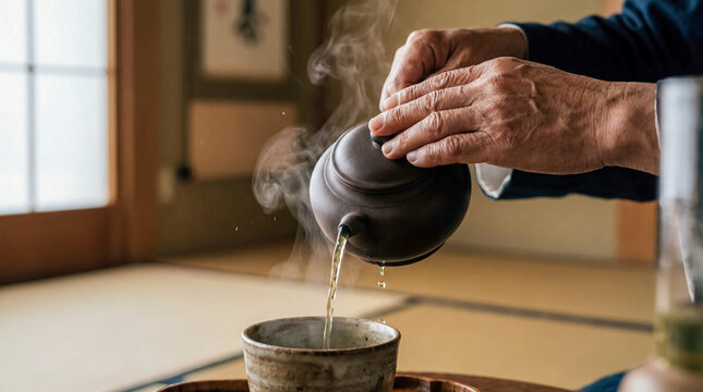 Chinese tea ceremony traditional teapot elderly hands culture ritual steam pouring gongfu senior weathered hands carefully pouring hot aromatic tea from clay pot during serene ceremonial experience