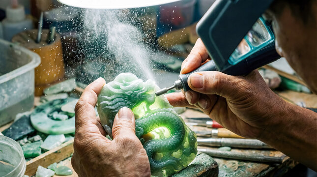 Jade carving Chinese traditional craft artisan dragon sculpture culture gemstone workshop craftsman using rotary tool to carve detailed dragon figure from rough raw green jade stone in workshop