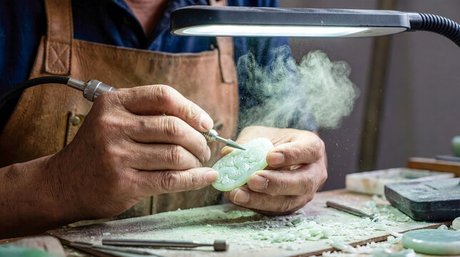 Chinese jade carving artisan traditional craft culture gemstone workshop skill craftsman under lamp hand engraving intricate delicate patterns on smooth nephrite stone with dust particles rising