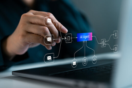 Professional interacting with AI agent interface on laptop, managing automated workflow, chatbot communication, data integration and intelligent system process for business automation and digital.