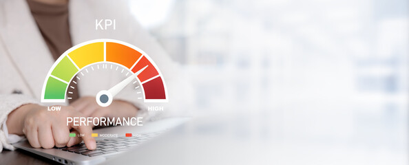 Business interface with KPI performance gauge, representing performance measurement, target tracking, efficiency analysis, and business evaluation.