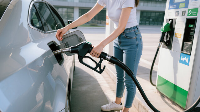 A driver prepares for a long trip, The fuel hose stretches to the car, The nozzle is inserted into the port, The setting is an outdoor station, Energy is being replenished, The process is quick 