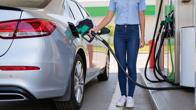A driver prepares for a long trip, The fuel hose stretches to the car, The nozzle is inserted into the port, The setting is an outdoor station, Energy is being replenished, The process is quick 