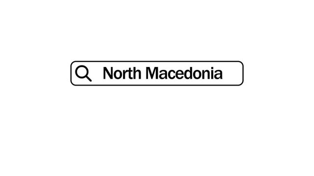 A search bar interface with the typed query North Macedonia and a magnifying glass on a white background symbolizing online research and global data access