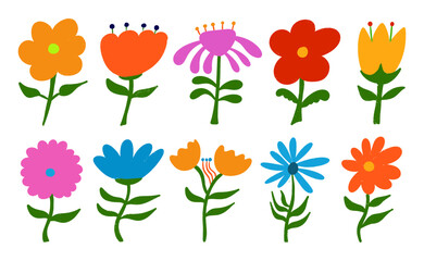 Obraz premium Cute hand drawn flower collection with soft colors and simple line style. Botanical floral elements isolated on white background, perfect for stickers, branding, textile, and creative design