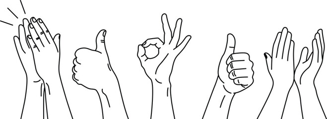 Fototapeta premium Clapping Hands and Thumbs Up Gesture Line Art Vector Set Minimal Outline Applause and Like Symbols