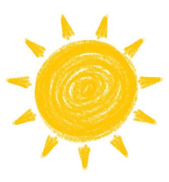 Hand drawn sun doodle, yellow crayon style childish illustration on transparent background