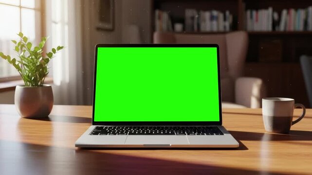 Laptop with chroma key green screen mock-up standing on home office desk, simple display for presentation on social media, youtube, and facebook