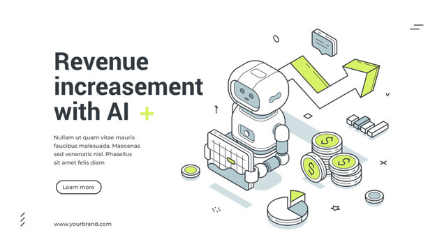 Revenue increasement with AI isometric banner. Vector template for a landing page on financial technology. Modern illustration for business growth, investment and profit analysis