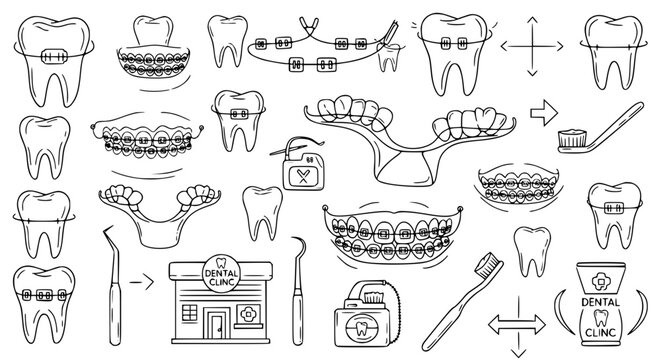 Detailed tooth braces outline icon set with orthodontic treatment and dental care illustrations