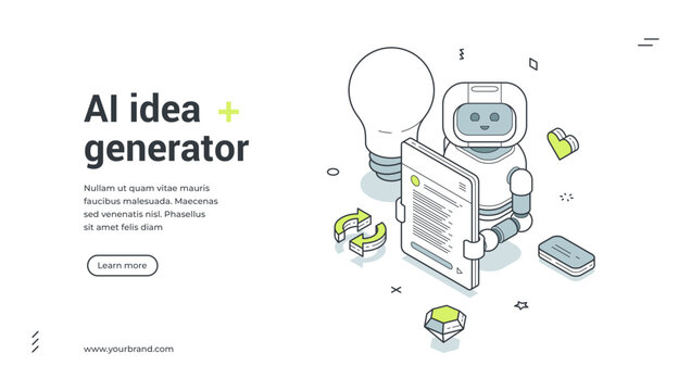 AI idea generator isometric banner. Vector illustration for web template. Robot for creative content, brainstorming, and copywriting. Modern technology for business and marketing