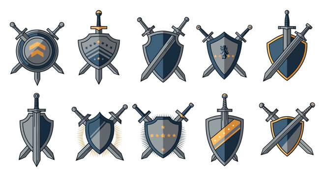 Collection of Medieval Shields and Swords Icons Set.