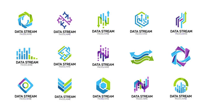 Collection of abstract data stream logos with digital and technological themes.