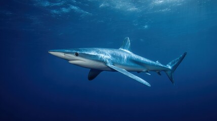Naklejka premium Blue shark swimming mid depth beneath rippled sunlit surface
