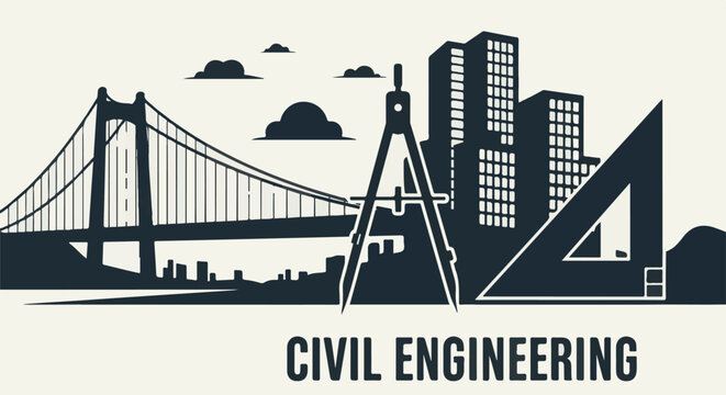 Silhouette of a city skyline with a suspension bridge and drafting tools