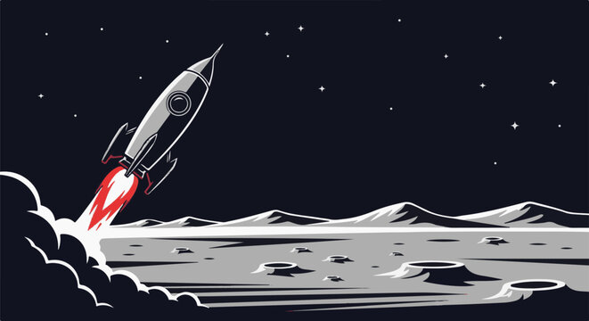 Retro rocket blasts off from a cratered lunar surface under a starry sky