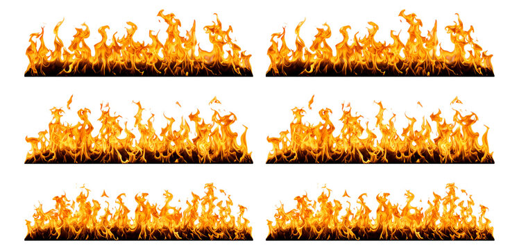 Vibrant flames in six rows on a black background for design use