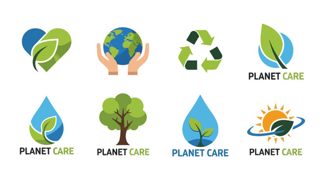 Collection of eco-friendly planet care logos and symbols.