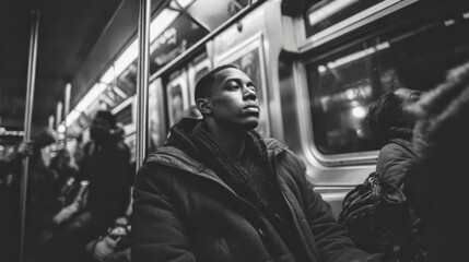 Obraz premium Young man resting with eyes closed on subway at night