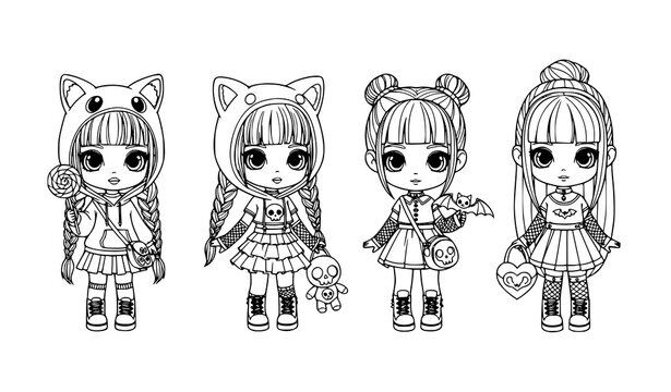Pastel goth chibi girls coloring pages cute anime style characters with fashion outfits vector outline