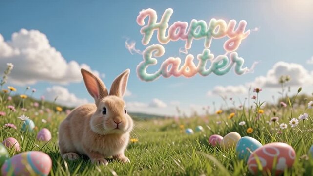 Happy easter bunny in blue sky, Easter Bunny jumps in fresh green grass and painted Easter eggs with the text Happy Easter. Fluffy white clouds and sunlight shining
