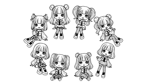 Pastel goth chibi girls coloring collection kawaii anime characters in trendy outfits vector set