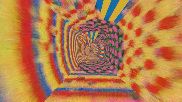 Vibrant swirling tunnel animation dots and lines. A captivating spiral animation featuring vibrant colors and sparkling stars, creating a hypnotic and visually engaging experience. Perfect for backgro