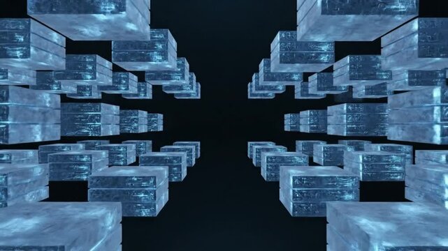 Abstract cloud computing video background with floating translucent blue frosted glass data blocks on pitch black