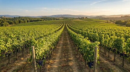 Obraz premium Vast vineyard landscape bathed in golden hour sunlight, showcasing rows of grapevines stretching towards rolling hills under a clear sky