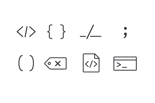 Minimal line icons of programming symbols and code elements including angle brackets, braces, slash, semicolon, parentheses, tag, file, and terminal