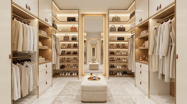 Elegant and spacious modern walk-in closet with ample storage and a luxurious feel
