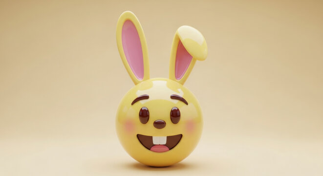 3D emoji style yellow Easter bunny face with a wide smile showing two front teeth and long ears with one tip folded down isolated on a soft yellow background