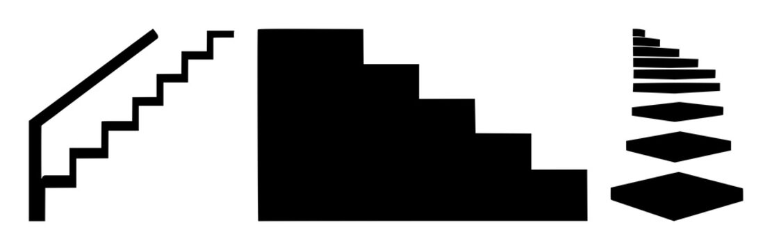 Staircase icon set with solid black graphic on white background featuring staircase silhouette, simple line, icon with monochrome and flat