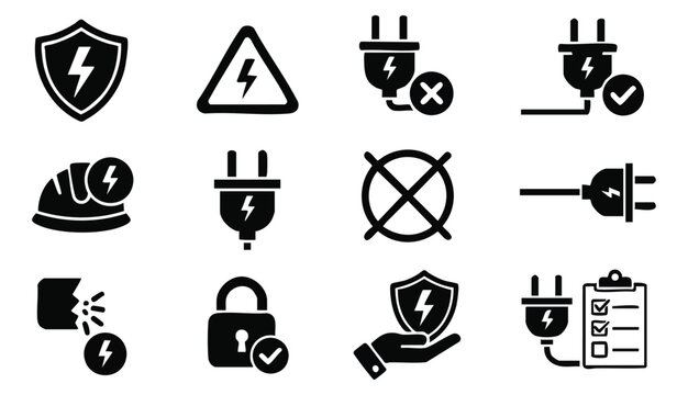 Solid vector icon set with electrical safety symbols, electric shock protection, power plug, hazard warning.