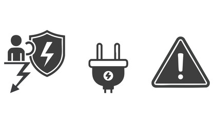 Fototapeta premium Solid vector icon set with electrical safety symbols, electric shock protection, power plug, hazard warning