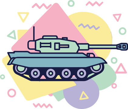Military Battle Tank Vector Illustration with Cannon and Pastel Memphis Geometric Background