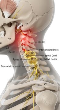 Anatomical Illustration of Cervical Spine with Highlighted Nerve Roots and Discs.