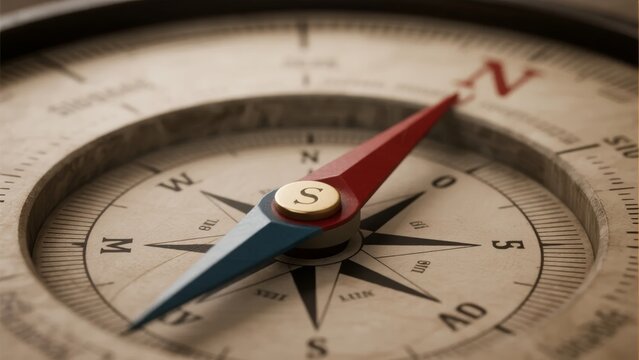 Close-up view of a vintage compass with red and blue needle pointing north