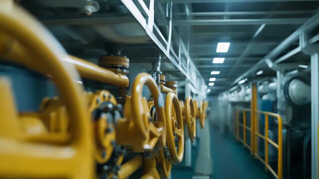 Industrial engine room with networks of yellow pipes, valves and chrome machinery, showcasing modern energy and manufacturing systems, clean bright steel and technical details