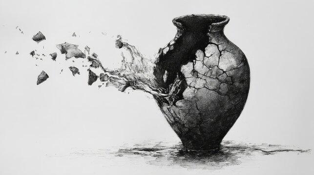 A detailed illustration of a ceramic vase breaking into fragments, depicted in monochrome with dynamic texture and dramatic visual impact.