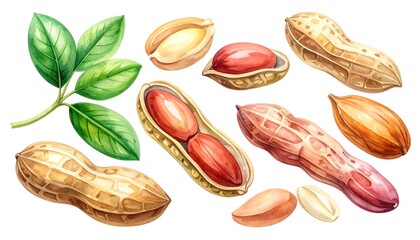 Fototapeta premium A detailed watercolor illustration depicting various stages of peanuts in shell, shelled, with leaves, and split open