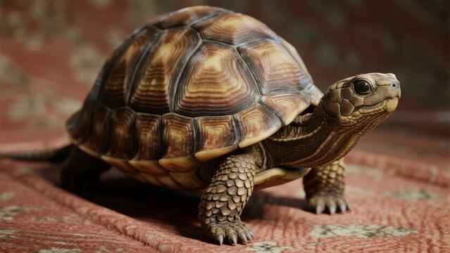 Close-up of a desert tortoise with detailed shell patterns on a textured surface